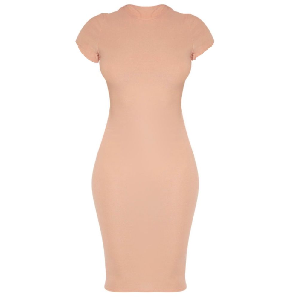 Black Bead Peach Pink Viscose Blend BodyCon Mock Turtleneck Cap Slv Maxi Dress S